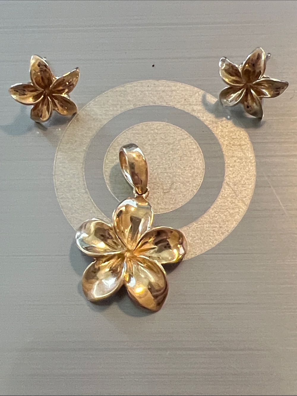 14k gold Plumeria flower pendant & earrings